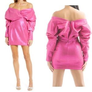 NORDSTROM x Nichole Lynel NWT Off the Shoulder Minidress Hot Pink Metallic Small